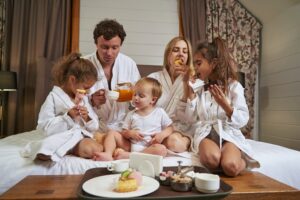 A family fro a reality show about to have breakfast